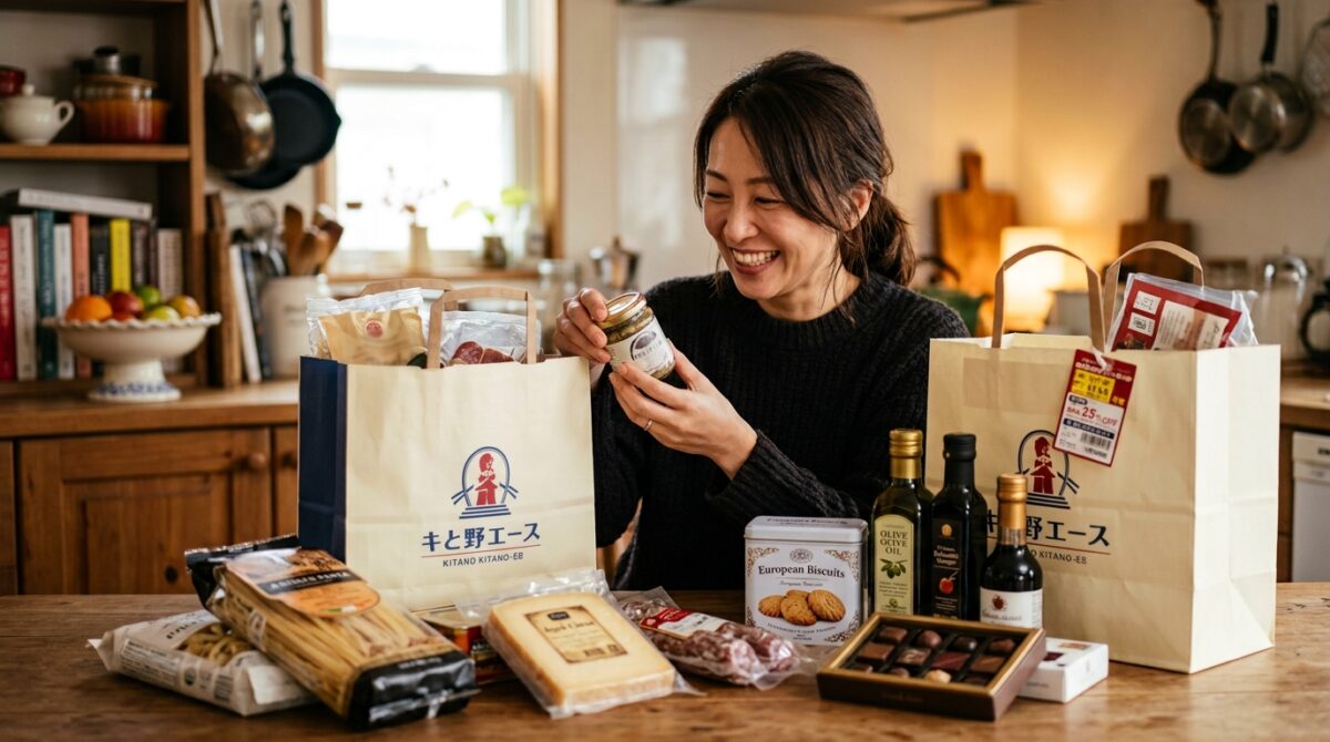 北野エースで購入した食品や調味料を自宅で紹介する女性