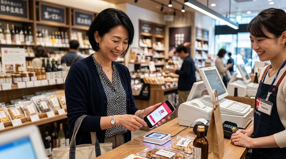 北野エースのレジでスマートフォンを使って支払いをする女性