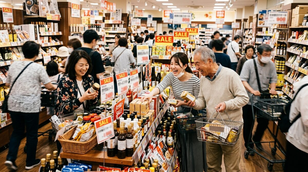 北野エースの店内でセール商品を選ぶ買い物客